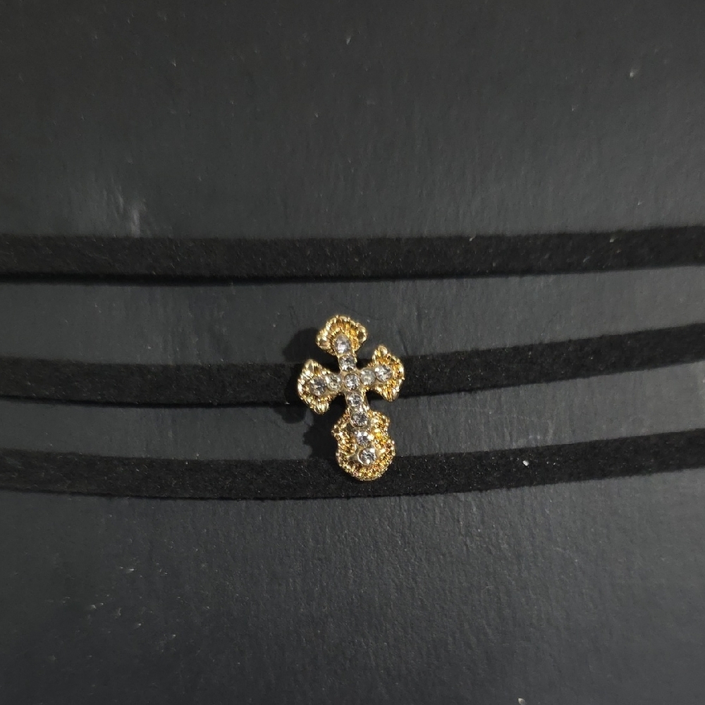 Black Cord Necklace with Gold Rhinestone Cross – Gothic Layered Fashion Jewelry - Picture 4 of 8